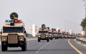Saudi troops arrive in Bahrain on Monday, March 14, 2011. A Saudi-led military force crossed into Bahrain with Canadian-supplied light armored vehicles to suppress a movement for a representative parliamentary democracy.    APA /Landov
